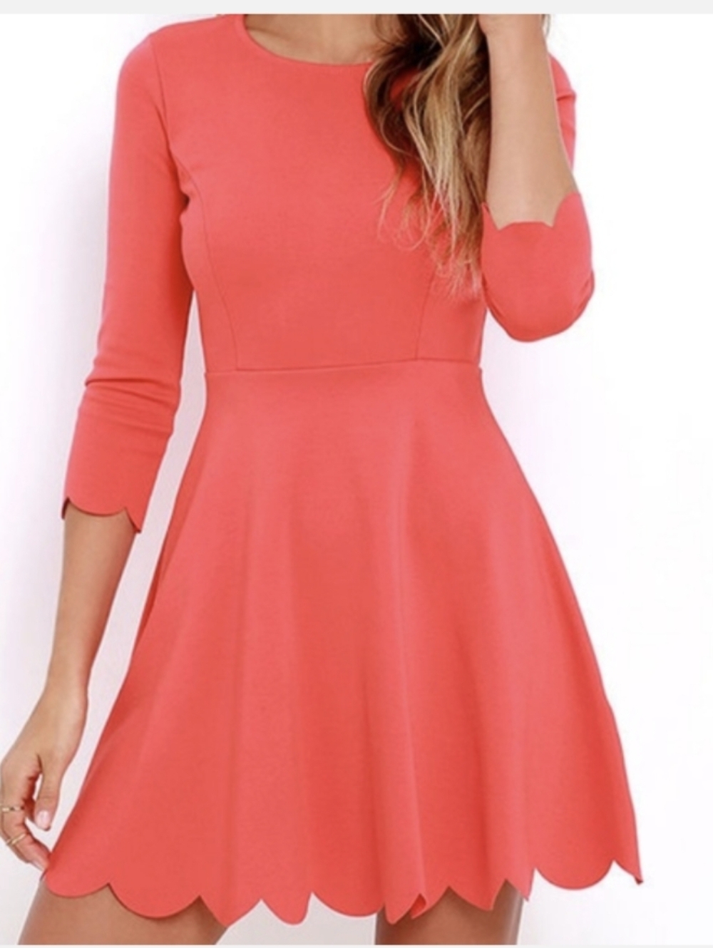 LULUS Coral Cumulonimbus Clouds Scallop-Hem Fit & Flare Long Sleeve Dress Medium